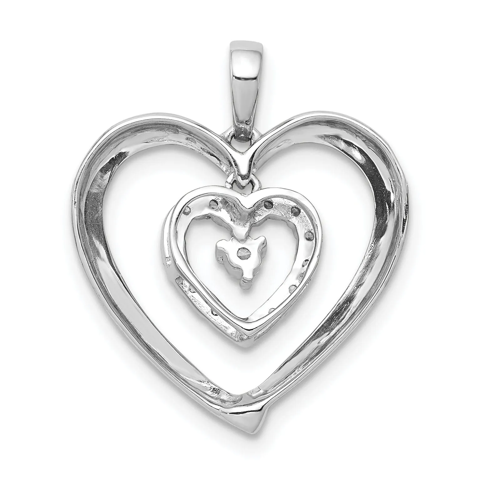 14k White Gold Polished Finish Open Back 0.1-CT Diamond Heart in Heart Dangle Design Charm Pendant