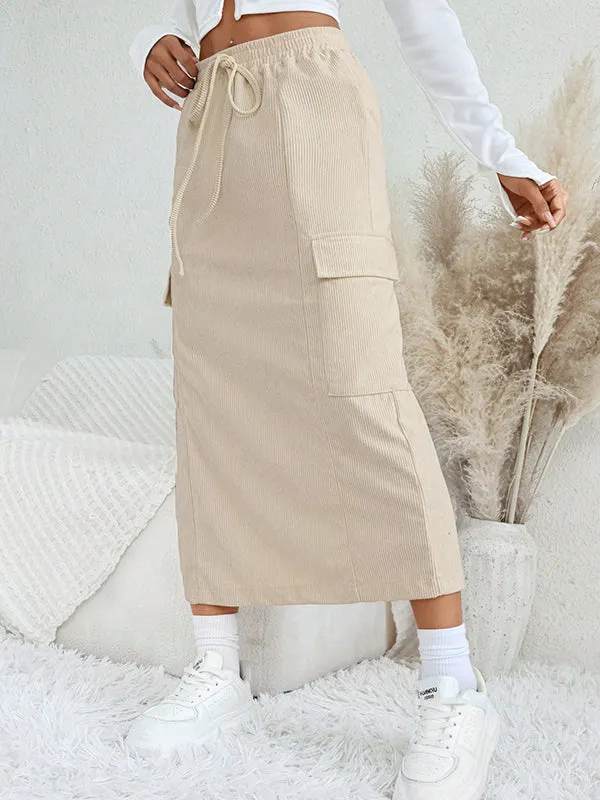 A-Line Loose Drawstring Pockets Solid Color Split-Back Split-Joint Skirts Bottoms