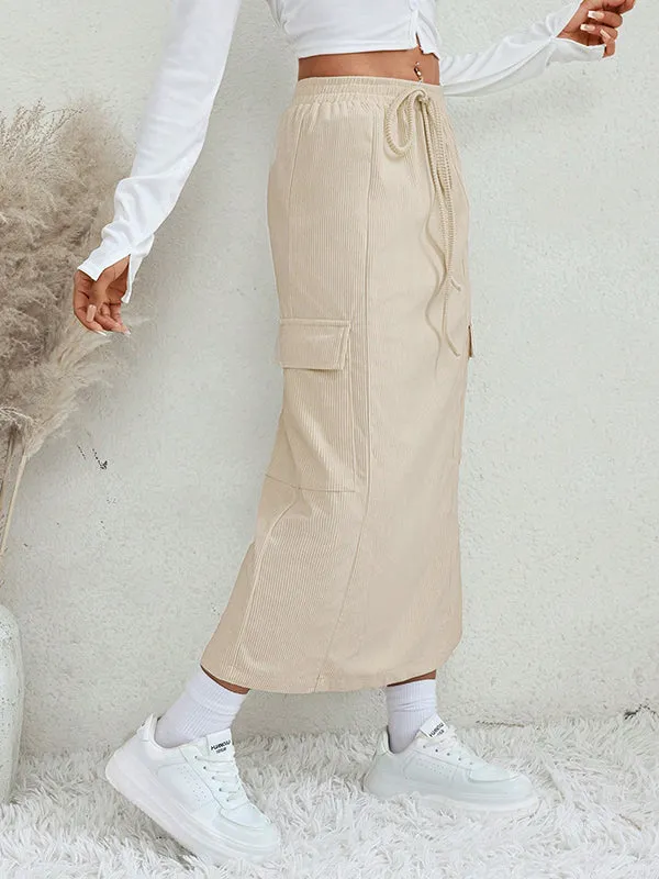 A-Line Loose Drawstring Pockets Solid Color Split-Back Split-Joint Skirts Bottoms