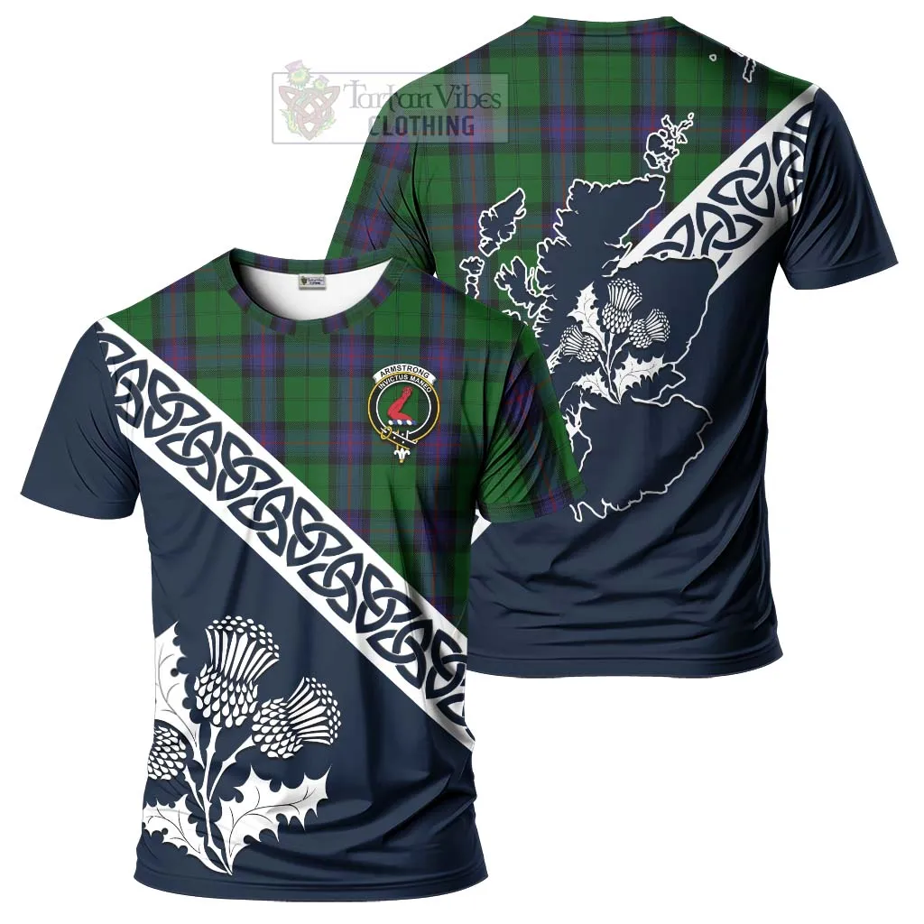 Armstrong Tartan T-Shirt Featuring Thistle and Scotland Map