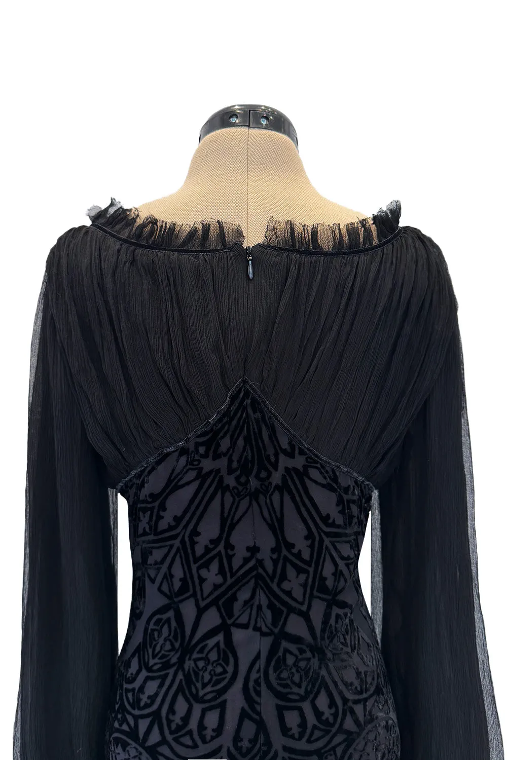 Beautiful Spring 2004 Alexander McQueen Cut Device Silk Velvet Dress w Silk Chiffon Balloon Sleeves