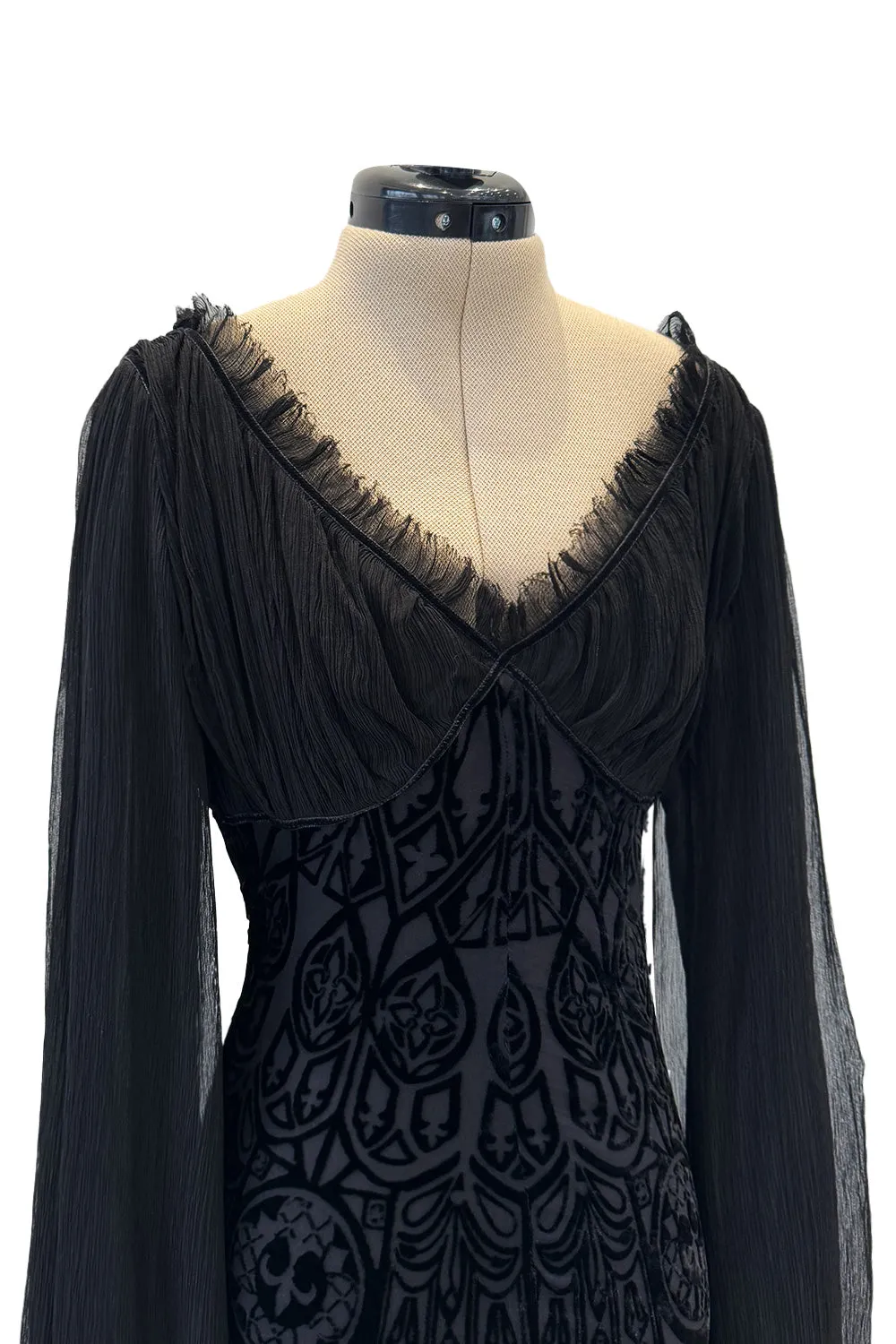 Beautiful Spring 2004 Alexander McQueen Cut Device Silk Velvet Dress w Silk Chiffon Balloon Sleeves