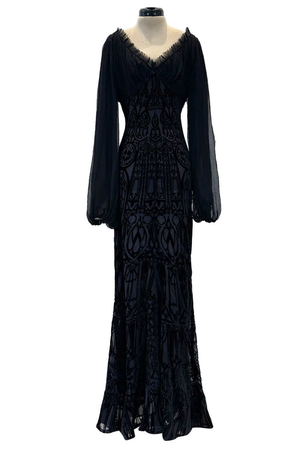 Beautiful Spring 2004 Alexander McQueen Cut Device Silk Velvet Dress w Silk Chiffon Balloon Sleeves