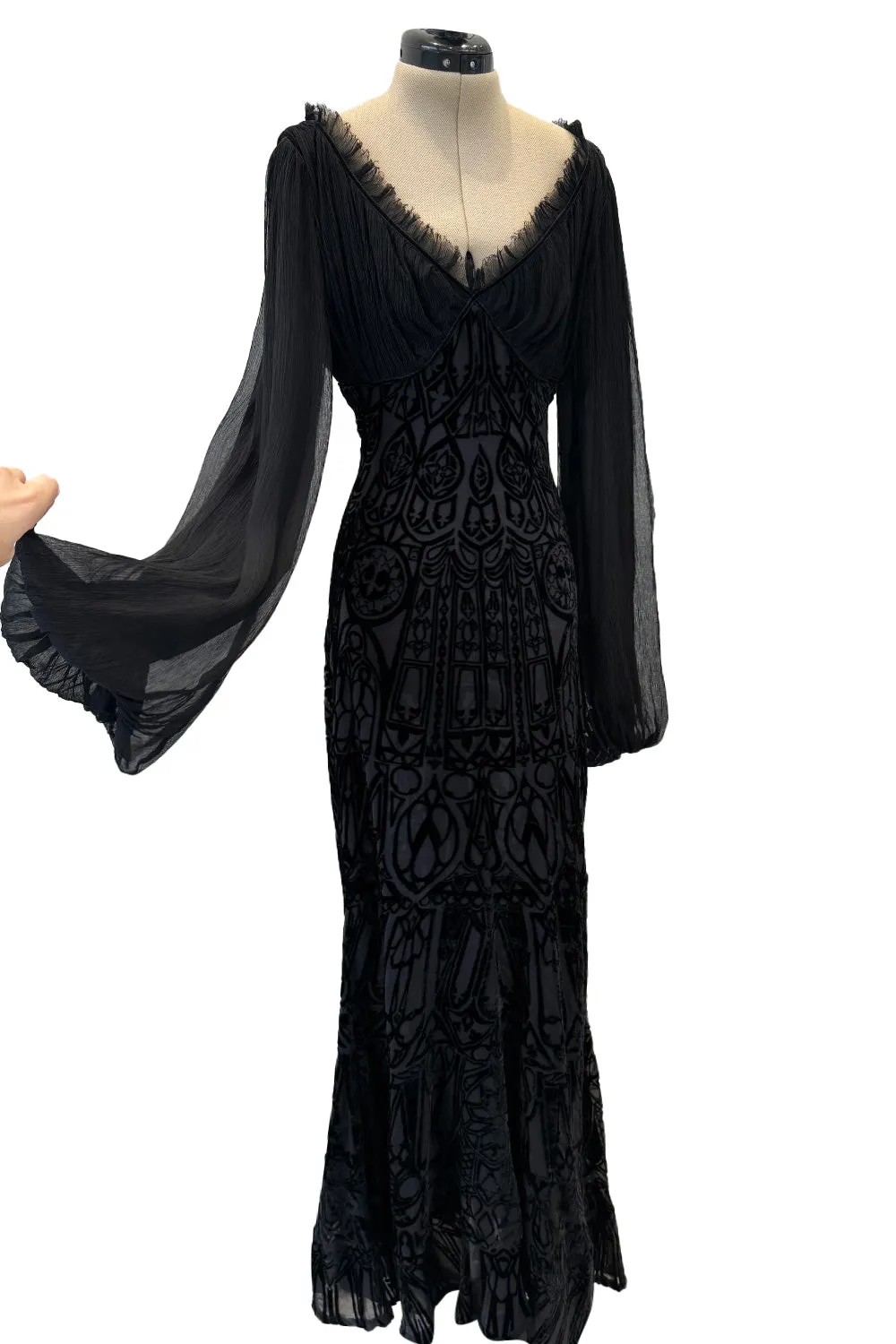 Beautiful Spring 2004 Alexander McQueen Cut Device Silk Velvet Dress w Silk Chiffon Balloon Sleeves