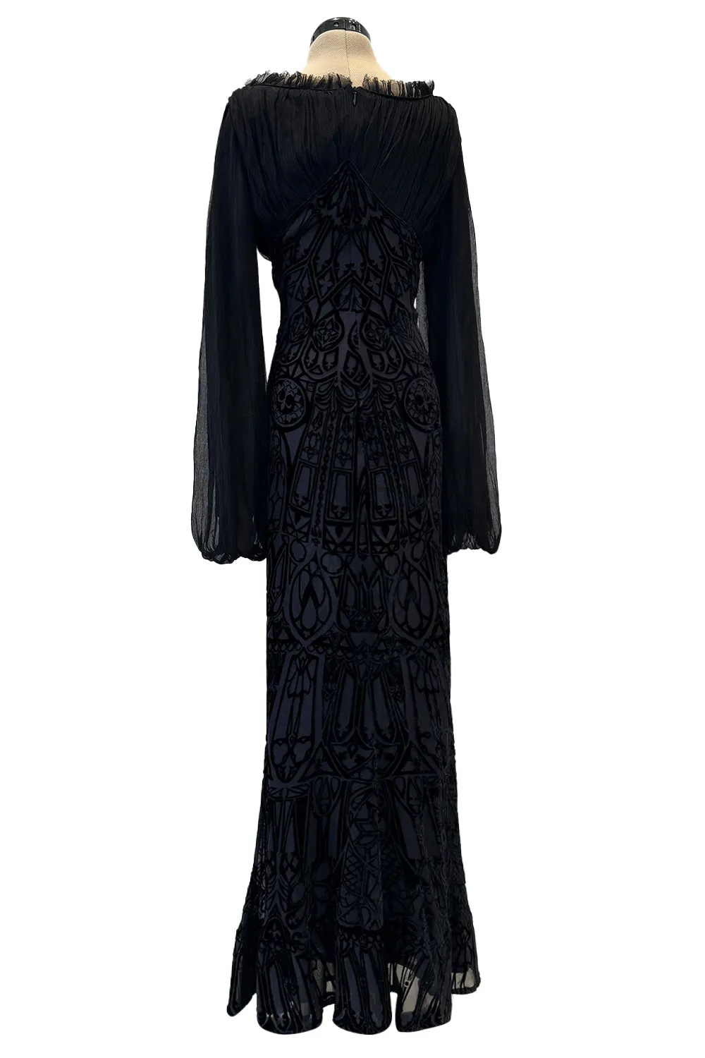 Beautiful Spring 2004 Alexander McQueen Cut Device Silk Velvet Dress w Silk Chiffon Balloon Sleeves