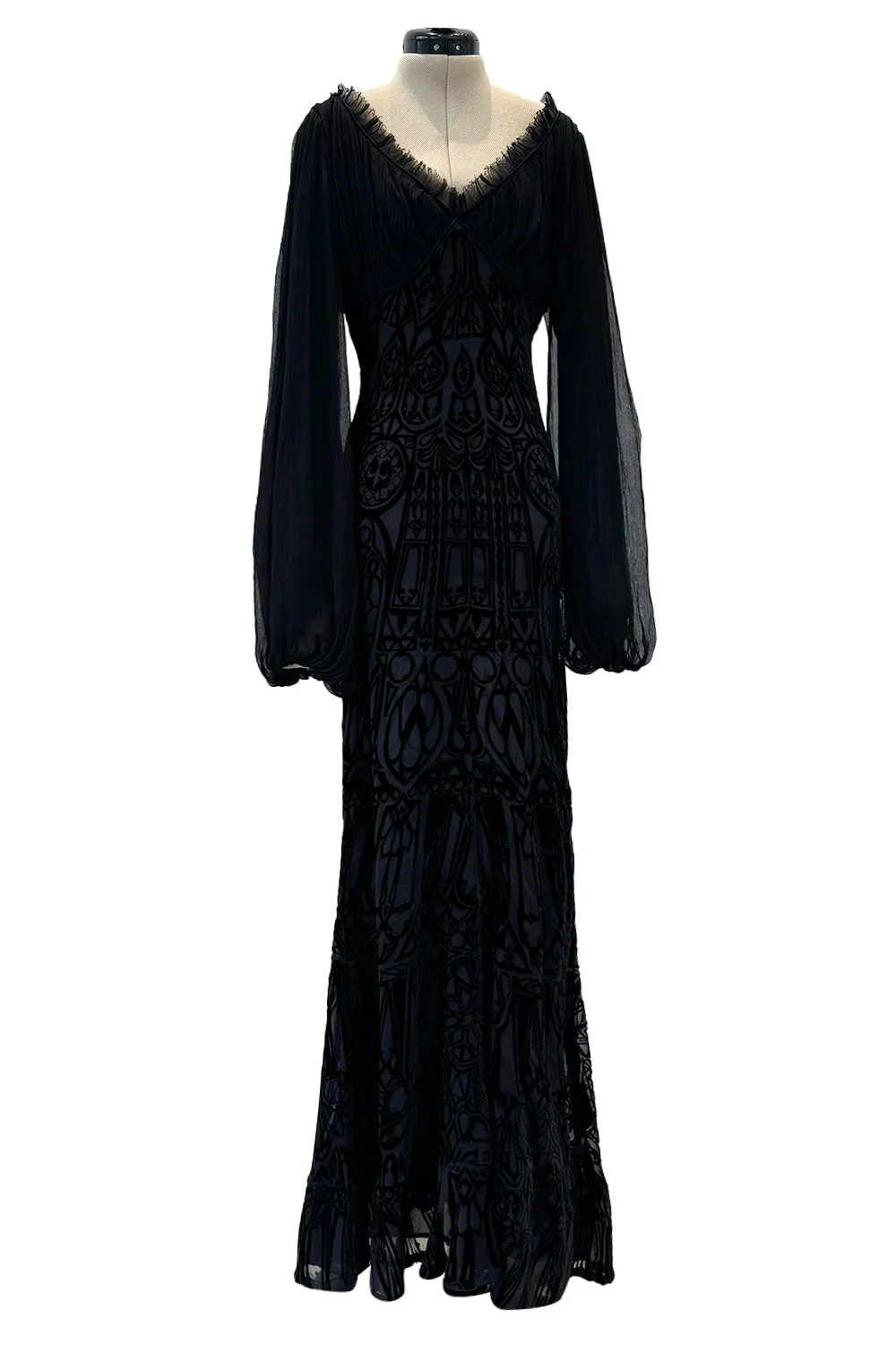 Beautiful Spring 2004 Alexander McQueen Cut Device Silk Velvet Dress w Silk Chiffon Balloon Sleeves