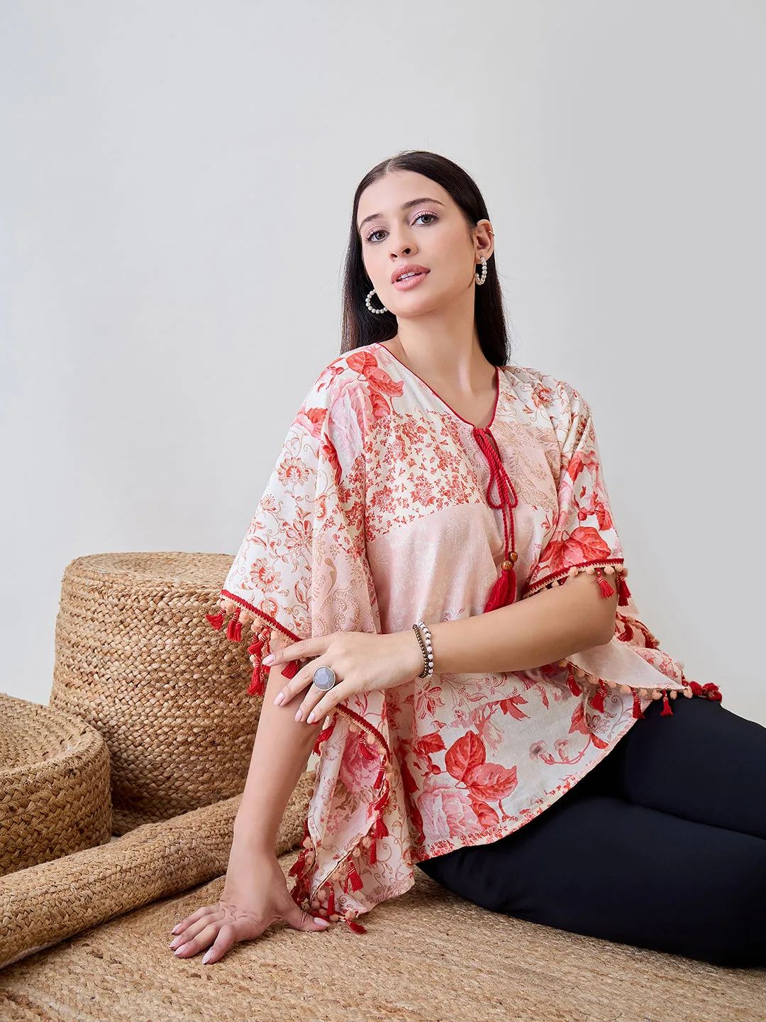 Beige and Red Pom Pom Lace Embellished Cotton Kaftan Top