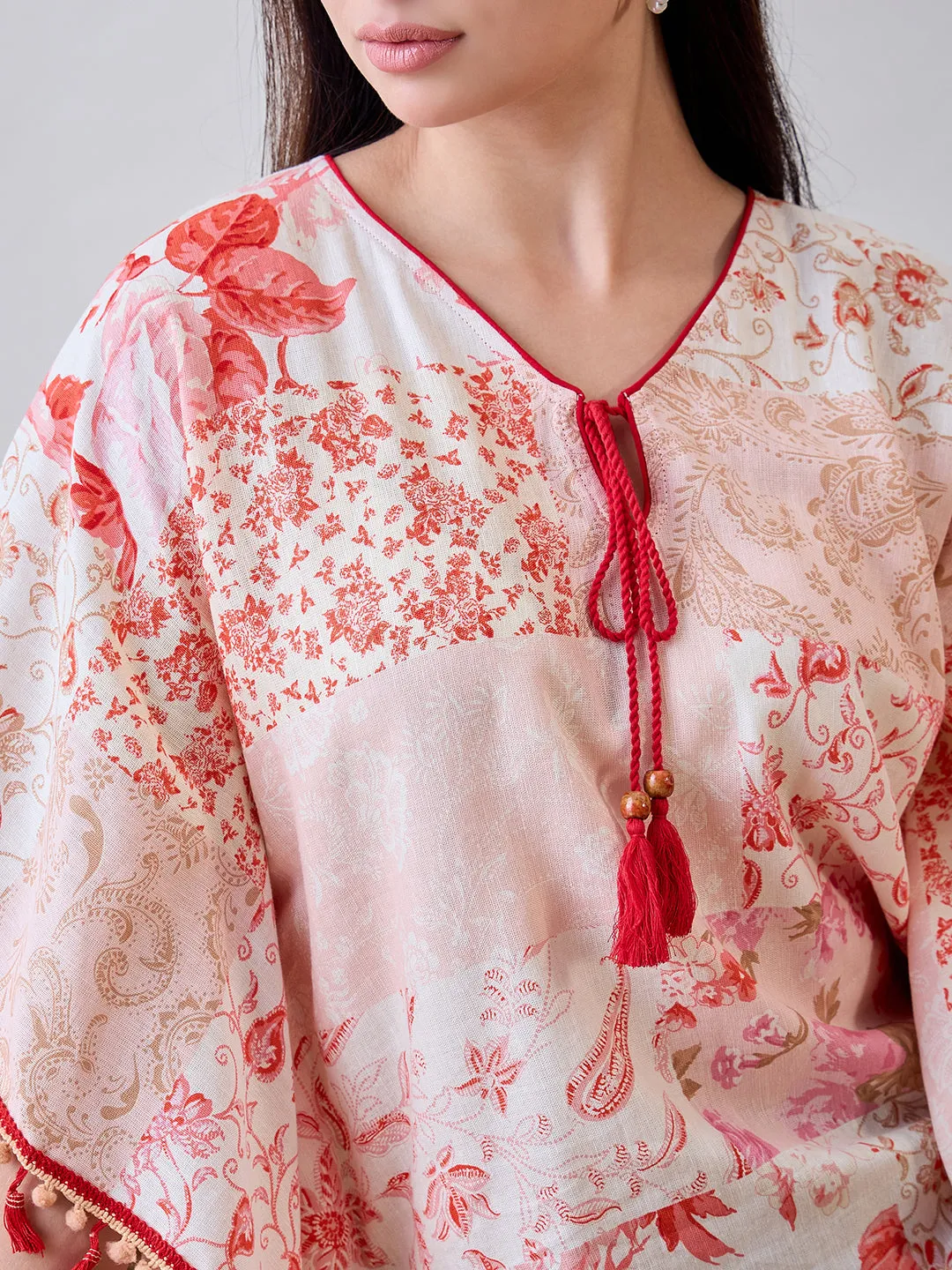 Beige and Red Pom Pom Lace Embellished Cotton Kaftan Top