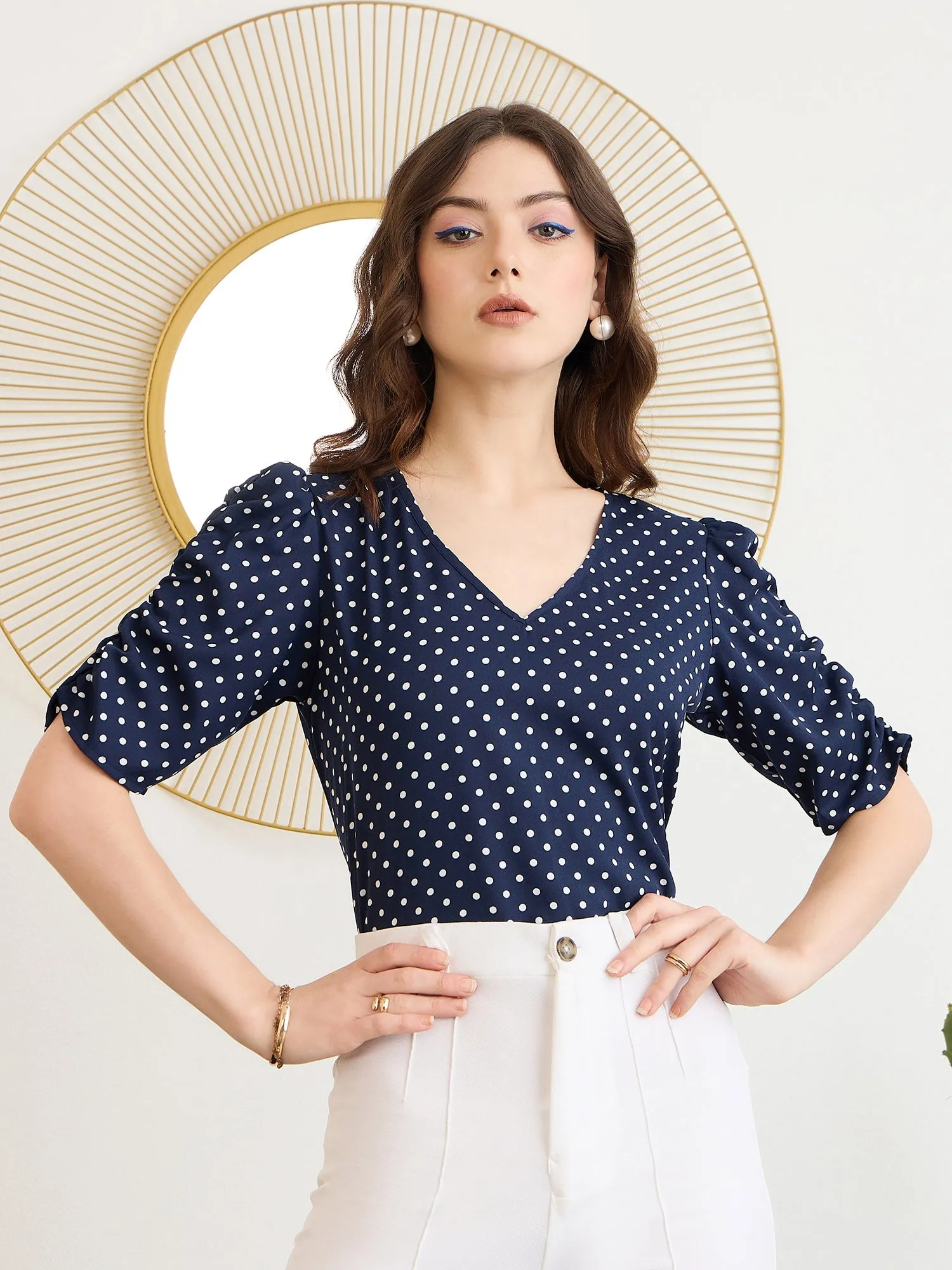 Berrylush BIZwear Women Navy Blue & White Polka Dot Printed V-Neck Puff Sleeves Regular Top