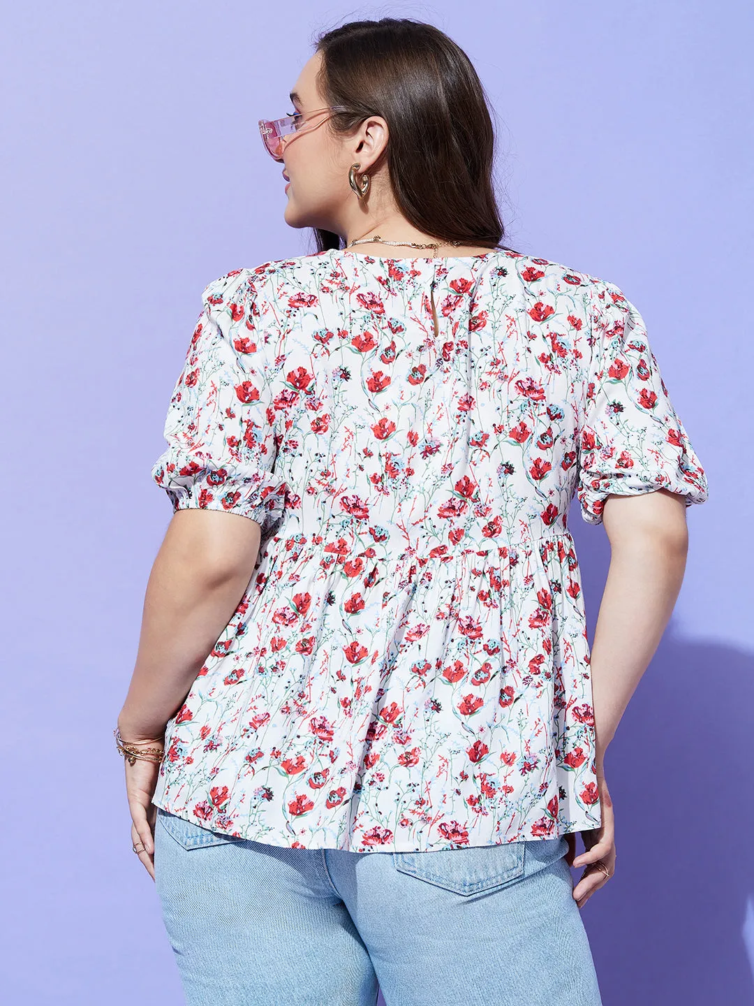 Berrylush Women Plus Size White & Red Floral Printed Round Neck Button-Up Crepe Pleated Regular Top