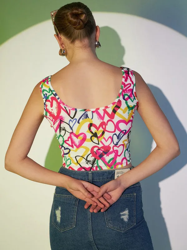 Berrylush Women White & Multicolour Heart Printed Scoop Neck Sleeveless Polyester Cropped Top