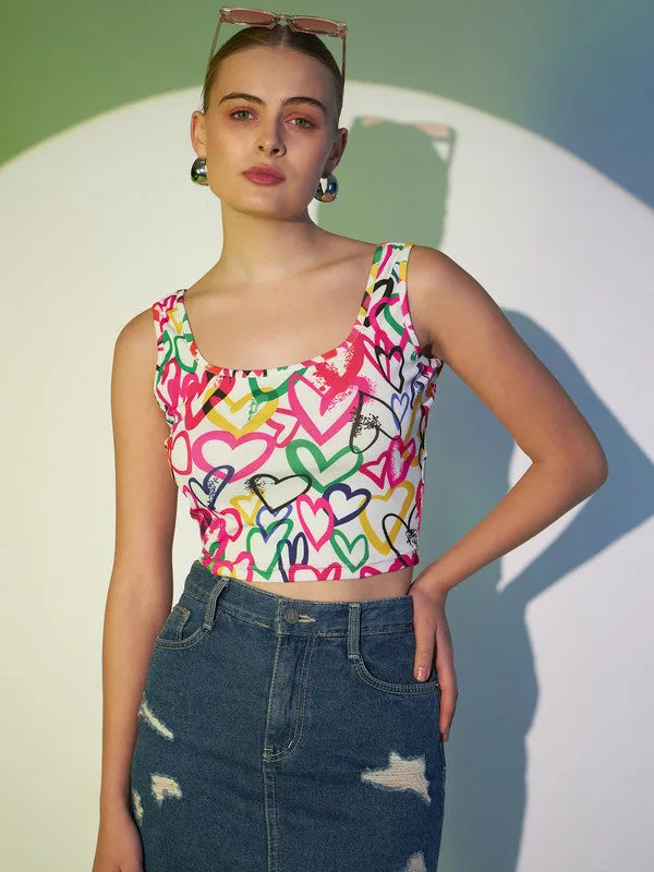 Berrylush Women White & Multicolour Heart Printed Scoop Neck Sleeveless Polyester Cropped Top