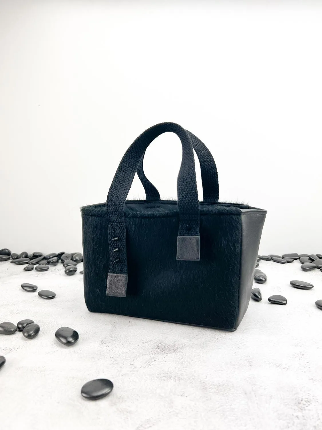 Black Brushed Wool and Lambskin Panel Mini Tote Bag BAGG00086