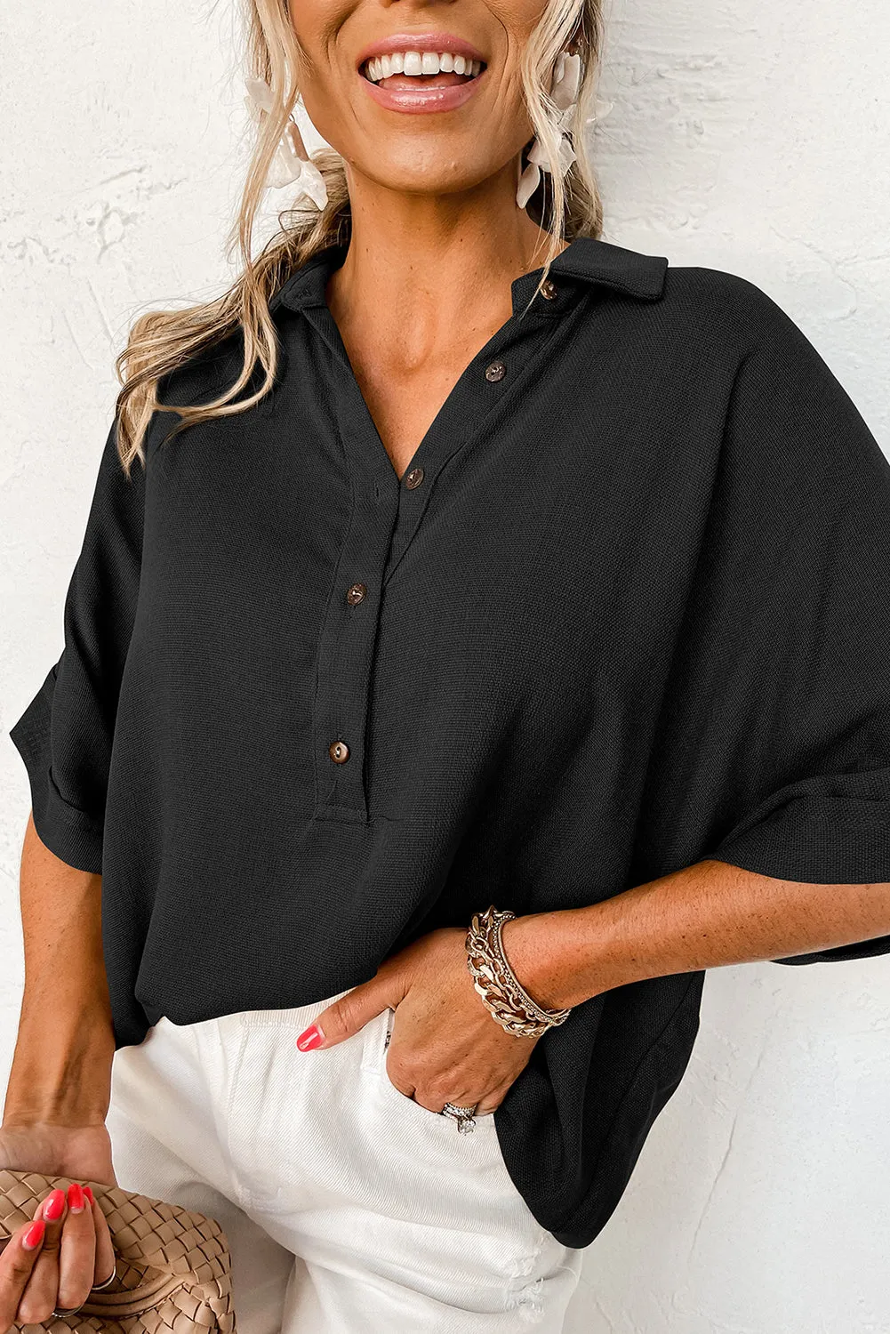 Black Collared Half Buttoned Batwing Sleeve Oversized Blouse