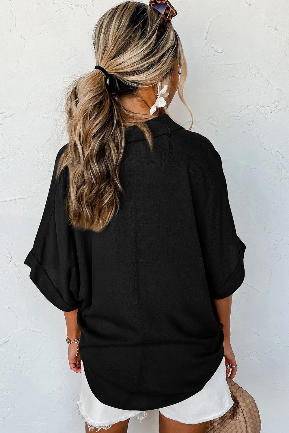 Black Collared Half Buttoned Batwing Sleeve Oversized Blouse