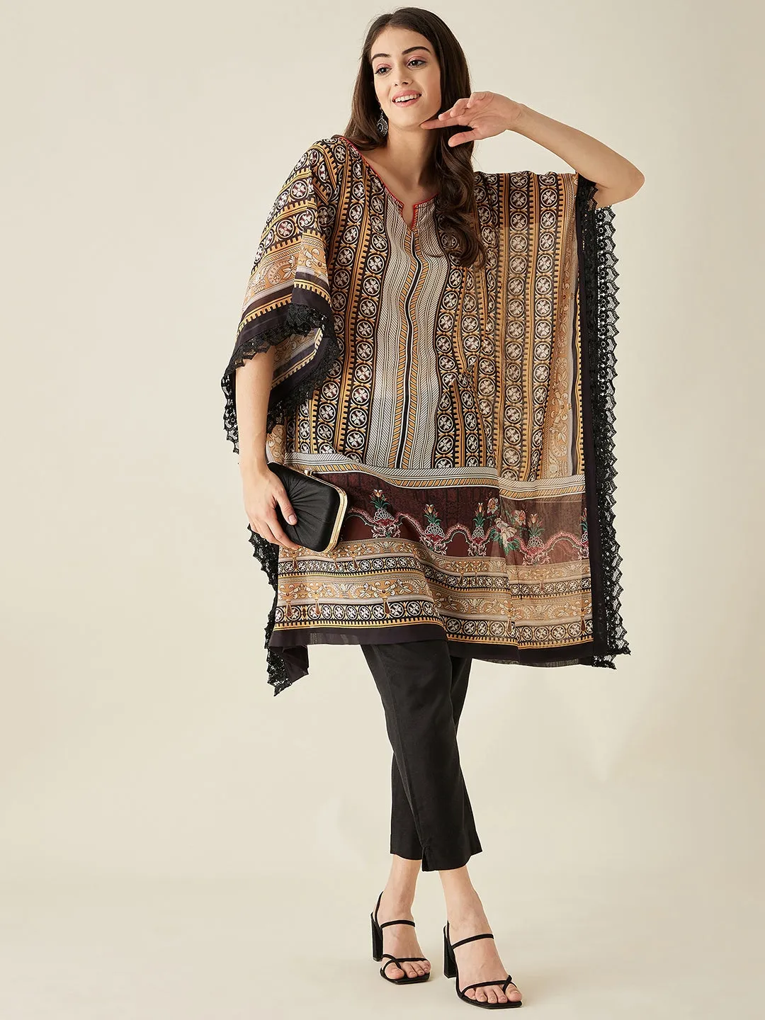 Black Geometric Floral Printed Kaftan Kurta - The Kaftan Company