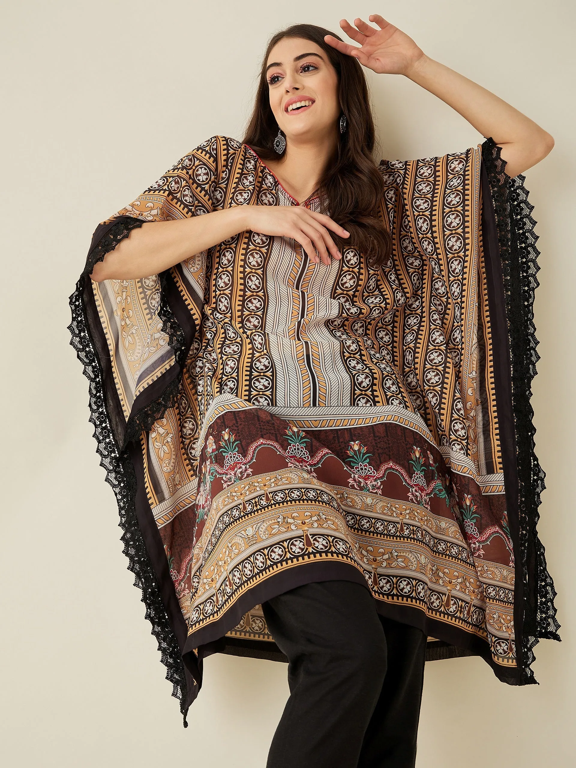 Black Geometric Floral Printed Kaftan Kurta - The Kaftan Company