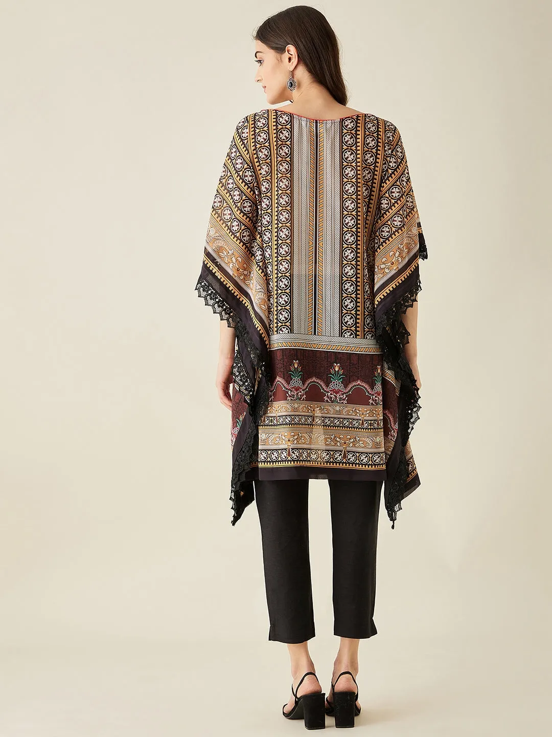 Black Geometric Floral Printed Kaftan Kurta - The Kaftan Company