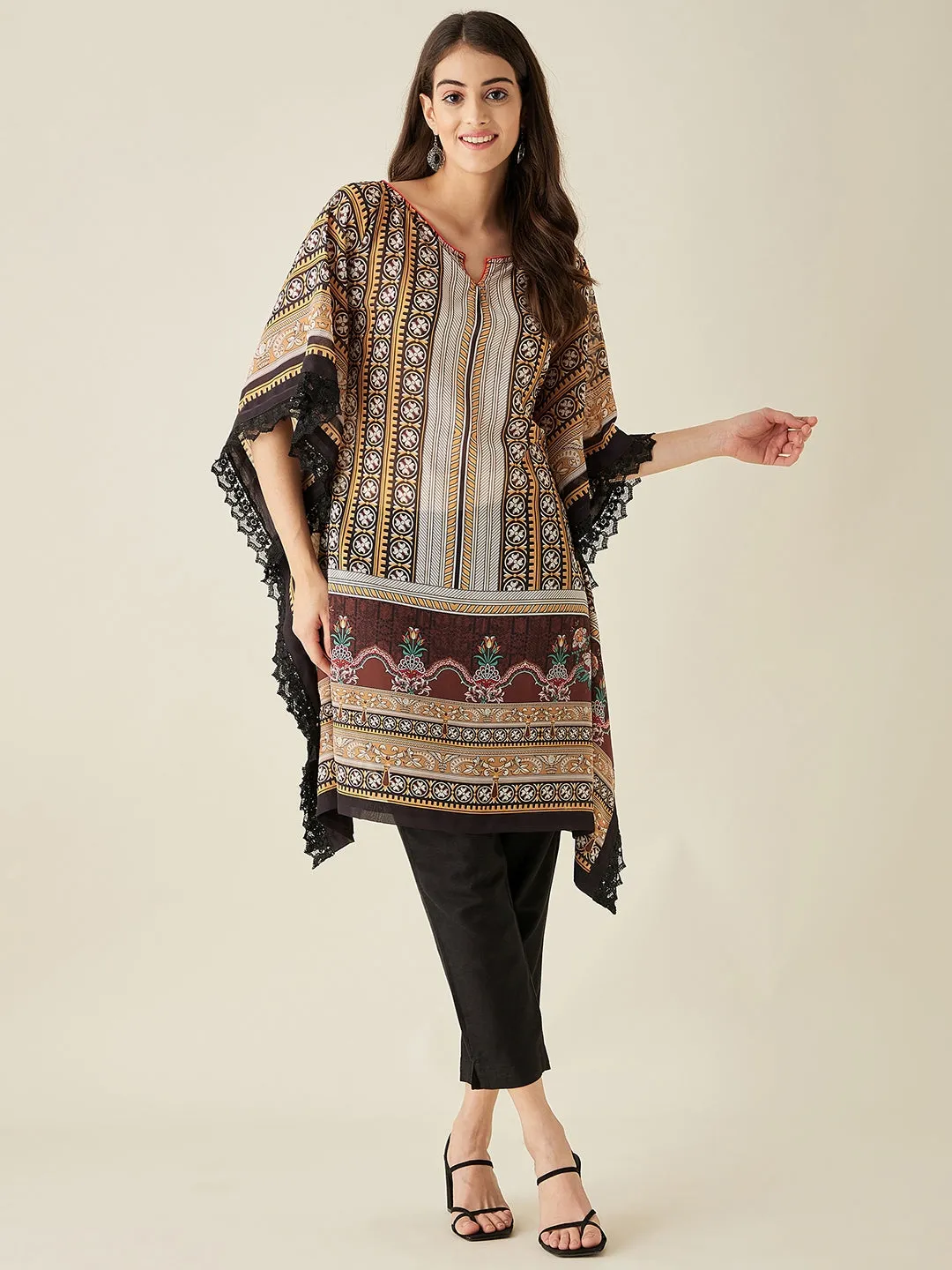 Black Geometric Floral Printed Kaftan Kurta - The Kaftan Company