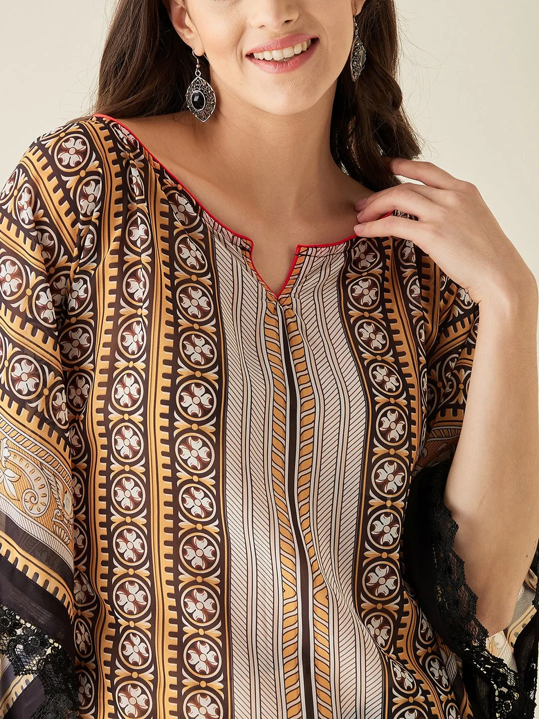 Black Geometric Floral Printed Kaftan Kurta - The Kaftan Company