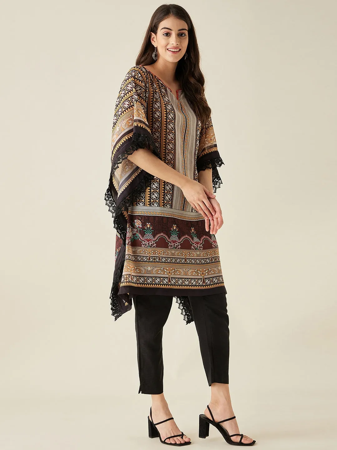 Black Geometric Floral Printed Kaftan Kurta - The Kaftan Company