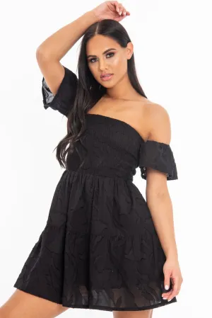 Black Shirred Bardot Tiered Textured Mini Dress - Emma