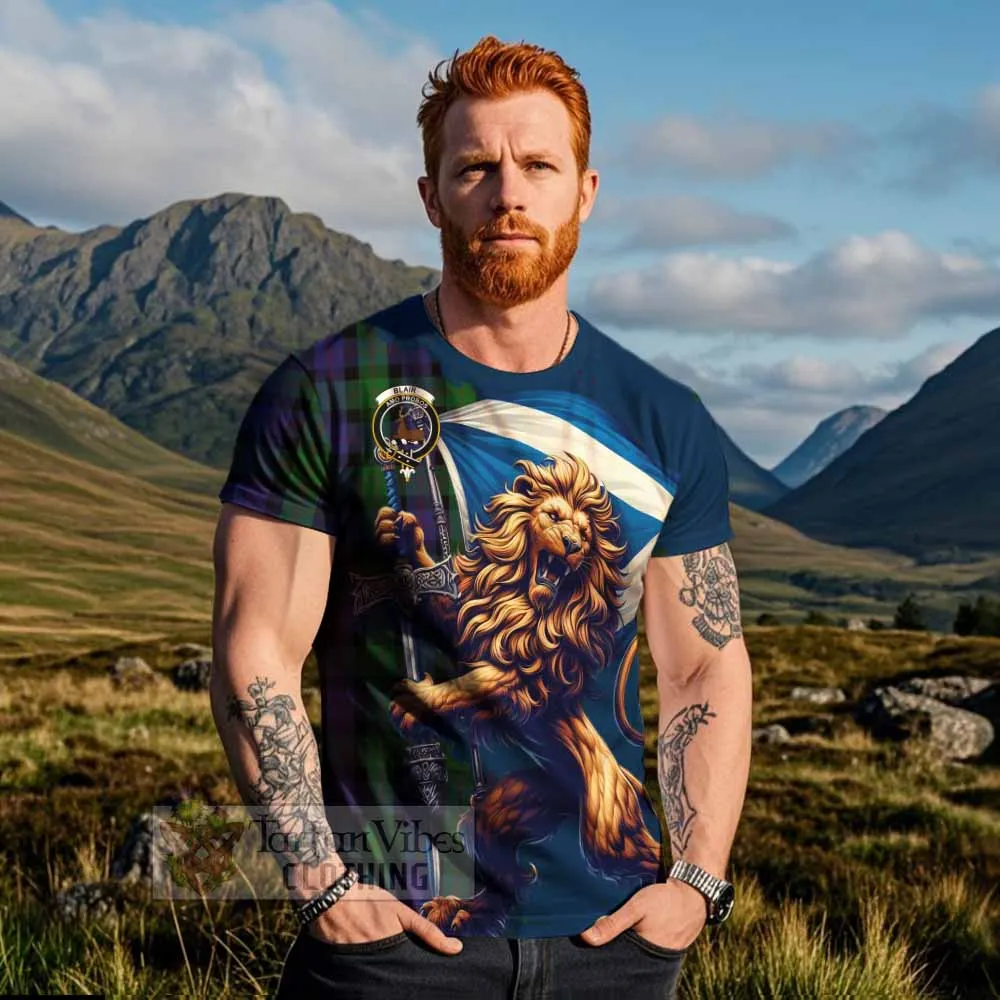 Blair Tartan Family Crest T-Shirt with Scottish Majestic Lion