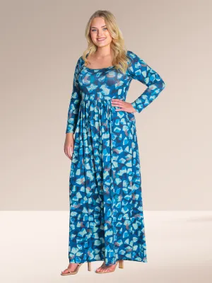 Blue Abstract Long Sleeve Pleated Plus Size Maxi Dress