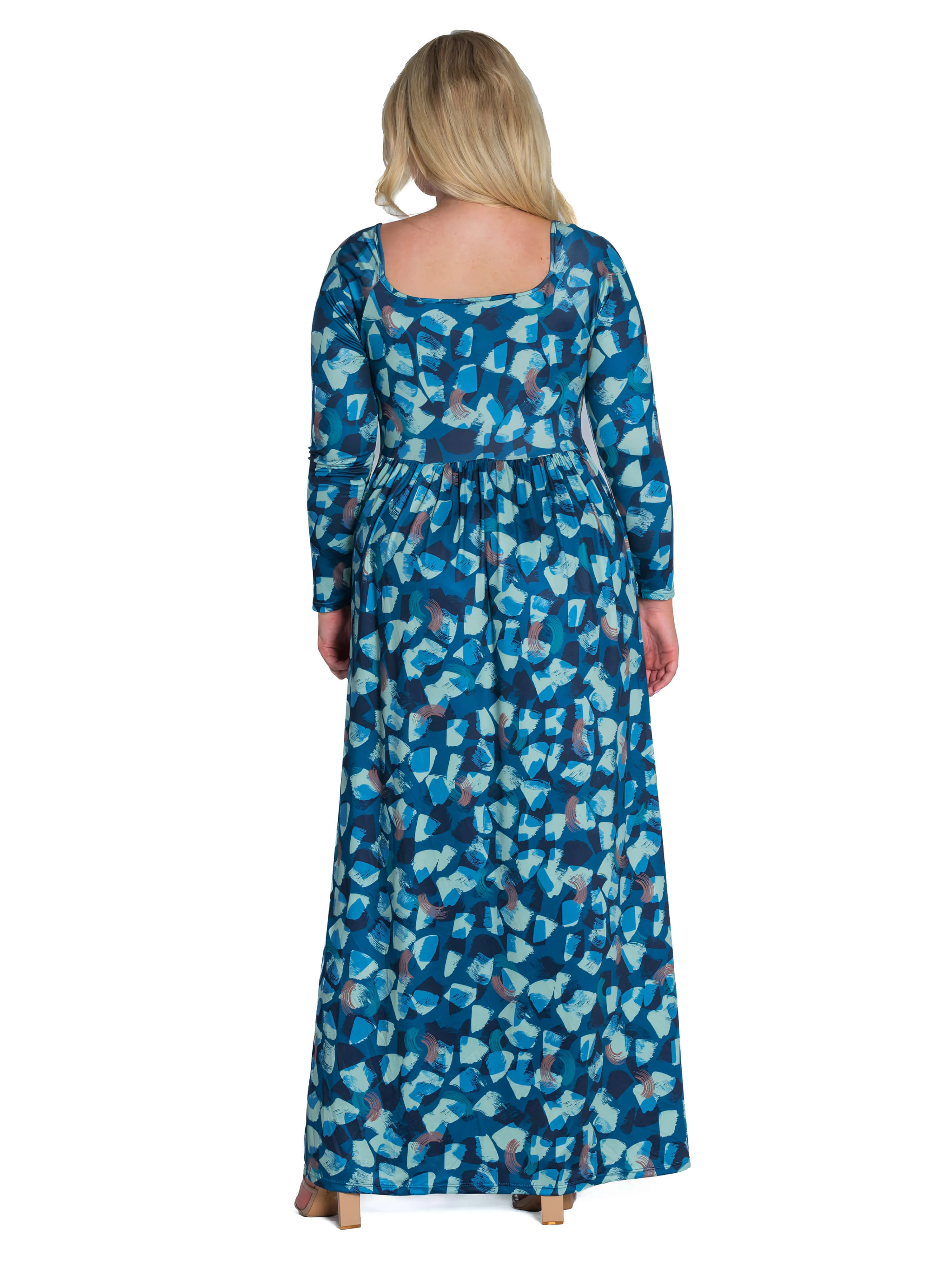 Blue Abstract Long Sleeve Pleated Plus Size Maxi Dress