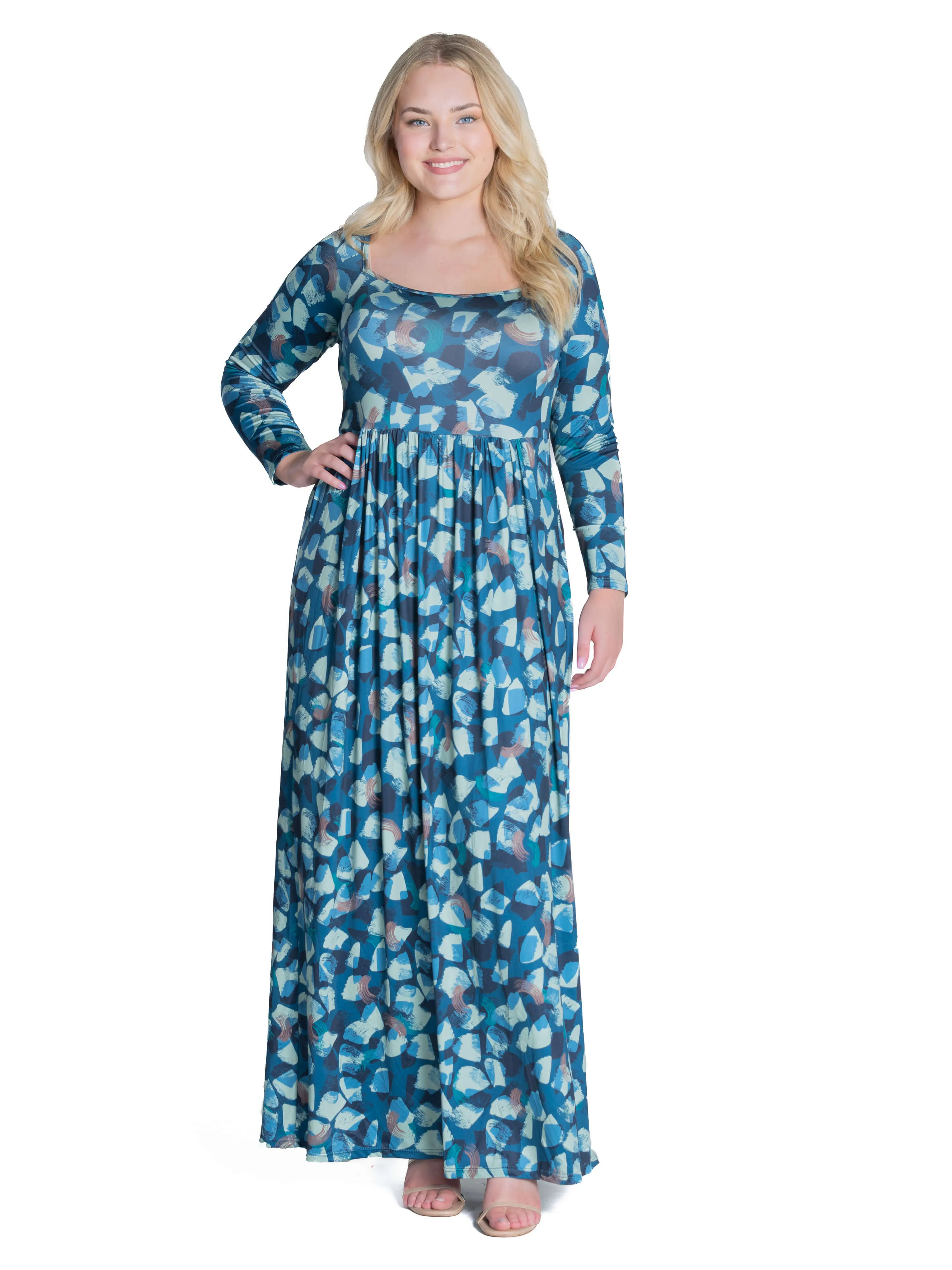 Blue Abstract Long Sleeve Pleated Plus Size Maxi Dress