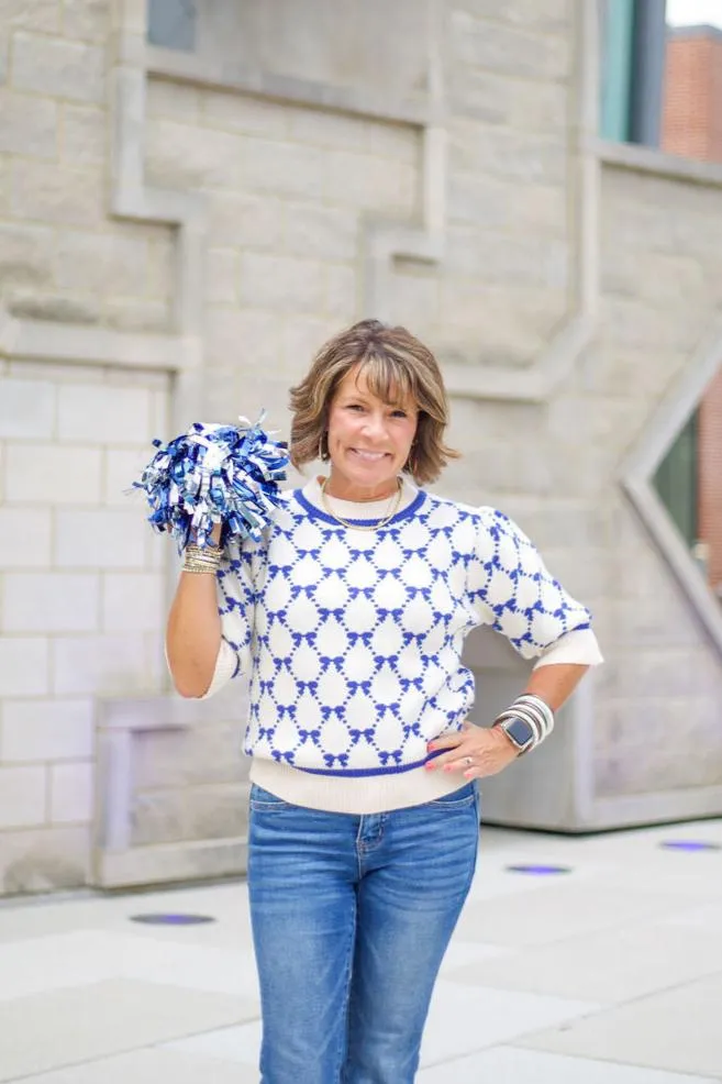 Blue Bow Knit Short Sleeve Sweater