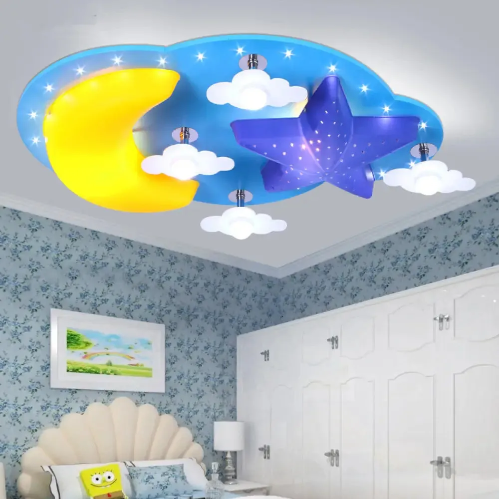 Blue Star Moon Cartoon Wood Ceiling Lamp for Kids Bedroom