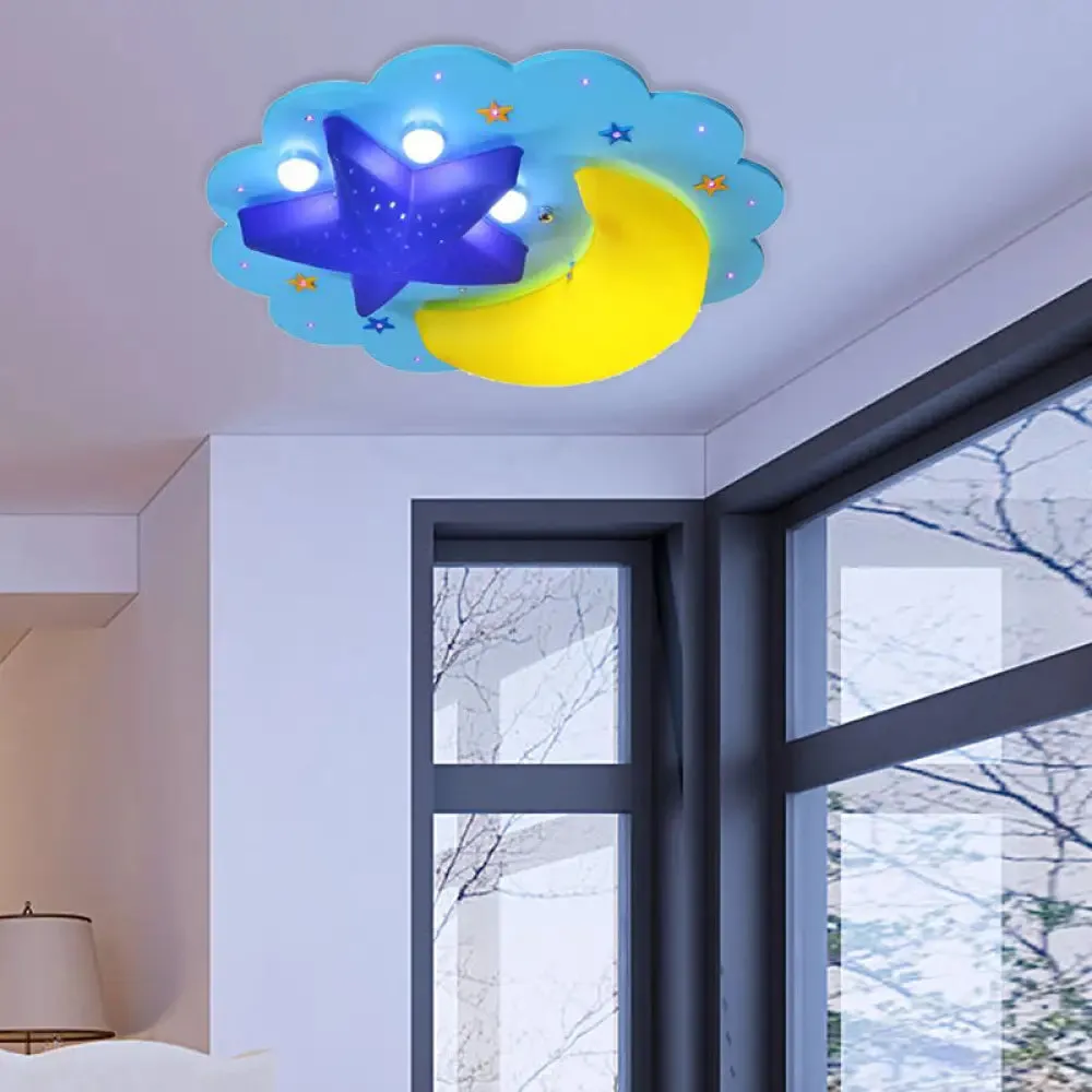 Blue Star Moon Cartoon Wood Ceiling Lamp for Kids Bedroom