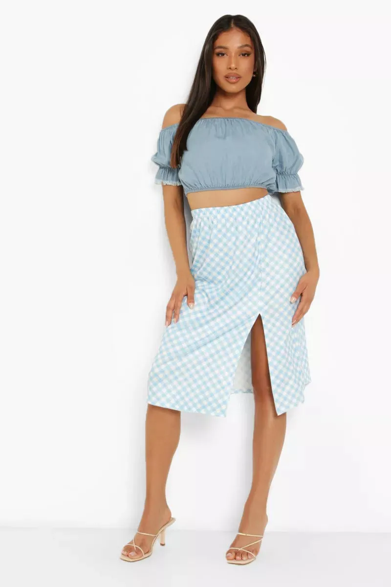 Boohoo Petite Gingham Side Split Midi Ladies Skirt