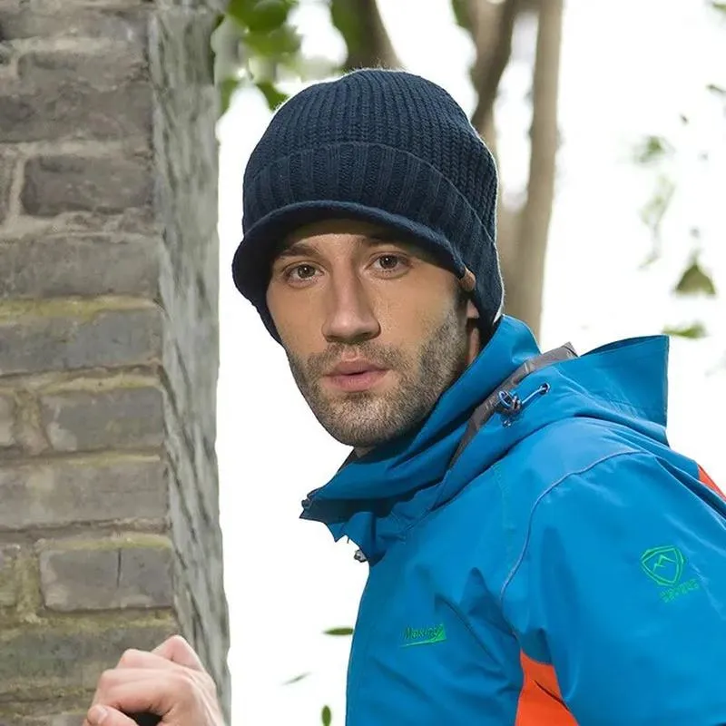 Brimmed Beanie in Black, Blue and Grey With Short Brim