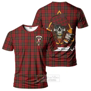 Brodie Tartan T-Shirt with Family Crest and Bearded Skull Holding Bottles of Whiskey