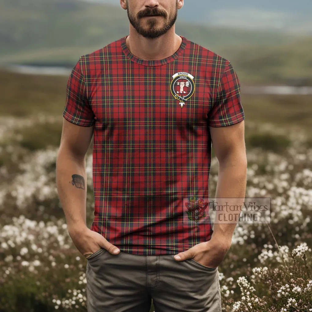 Brodie Tartan T-Shirt with Family Crest and Bearded Skull Holding Bottles of Whiskey