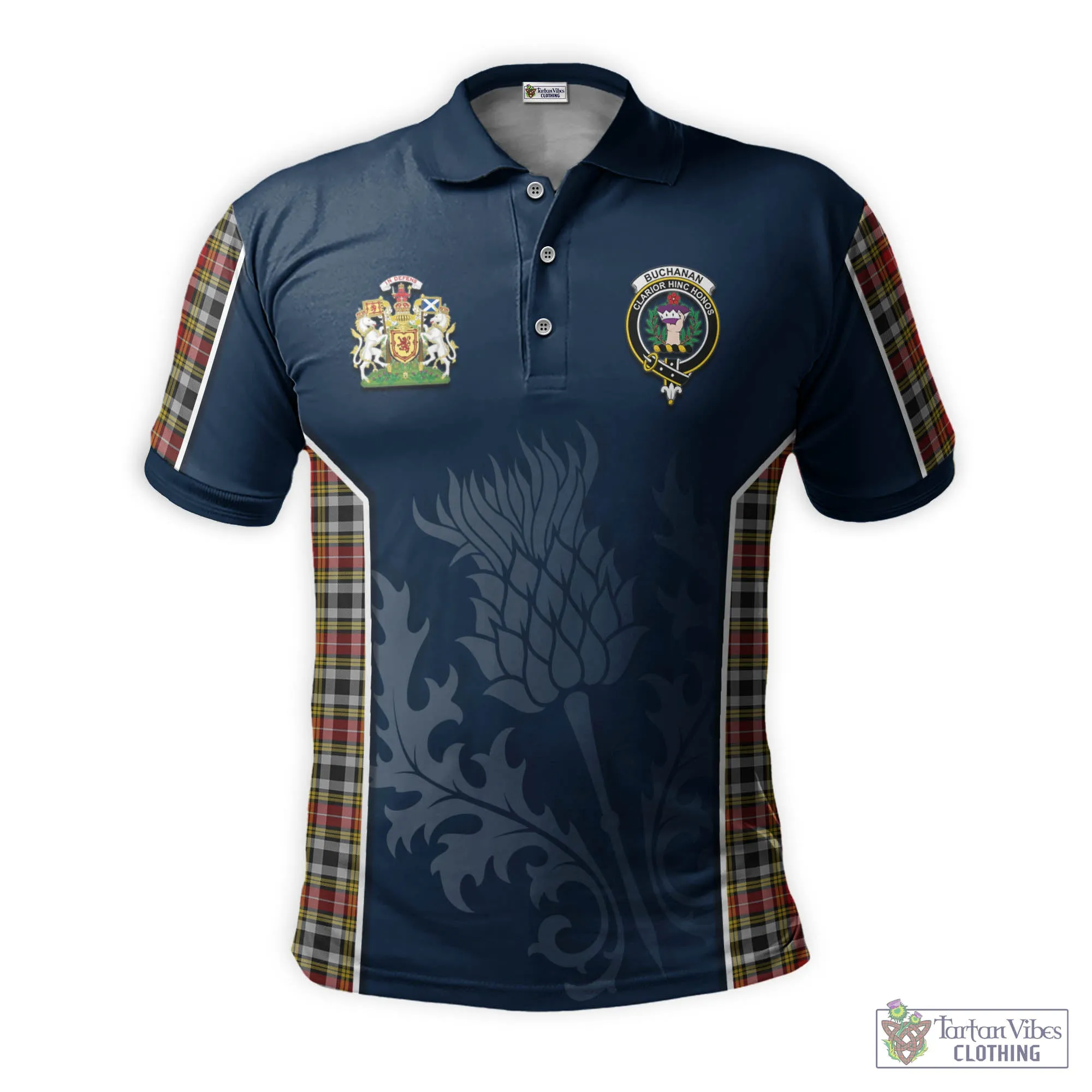 Buchanan Old Dress Tartan Men's Polo Shirt with Family Crest and Scottish Thistle Vibes Sport Style