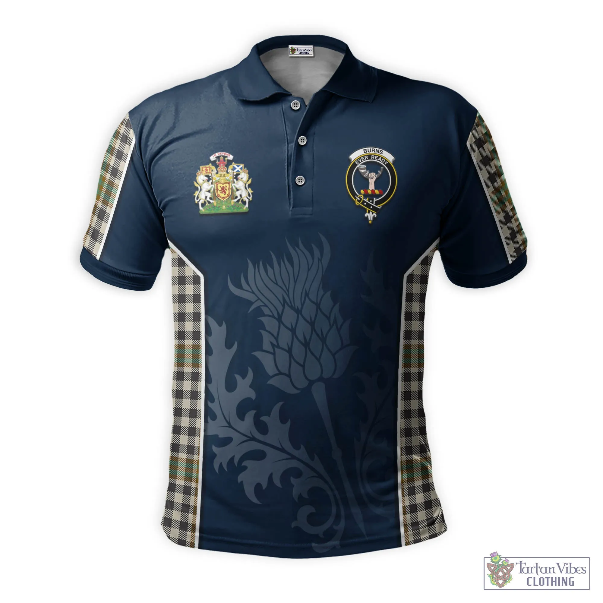 Burns Check Tartan Men's Polo Shirt with Family Crest and Scottish Thistle Vibes Sport Style