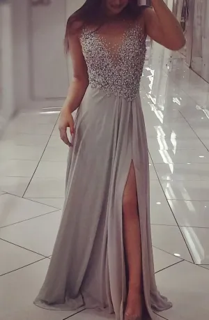 Charming Sleeveless Long Appliques Side Slit Beading A Line Prom Dresses