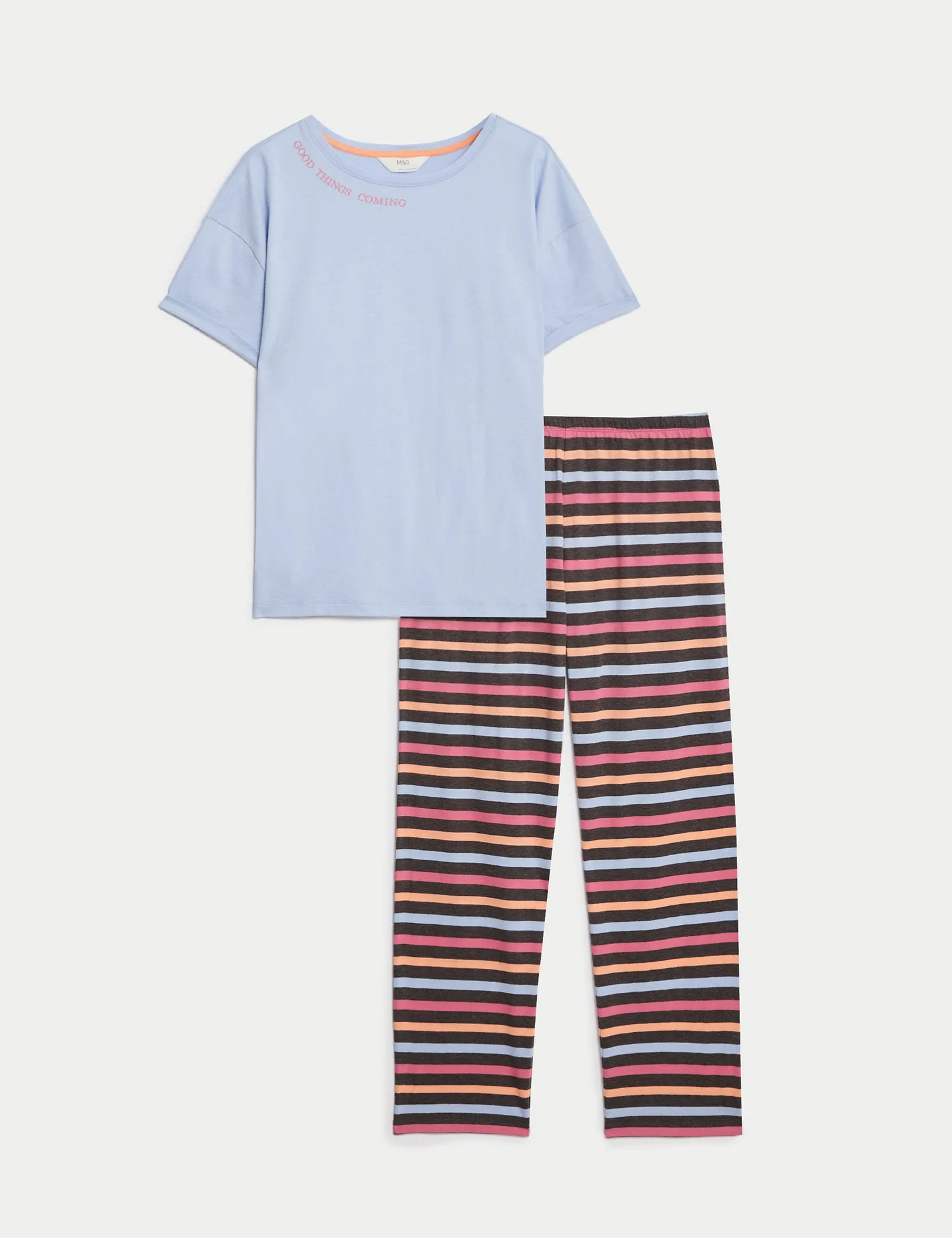 Cotton Rich Striped Slogan Pyjama Set