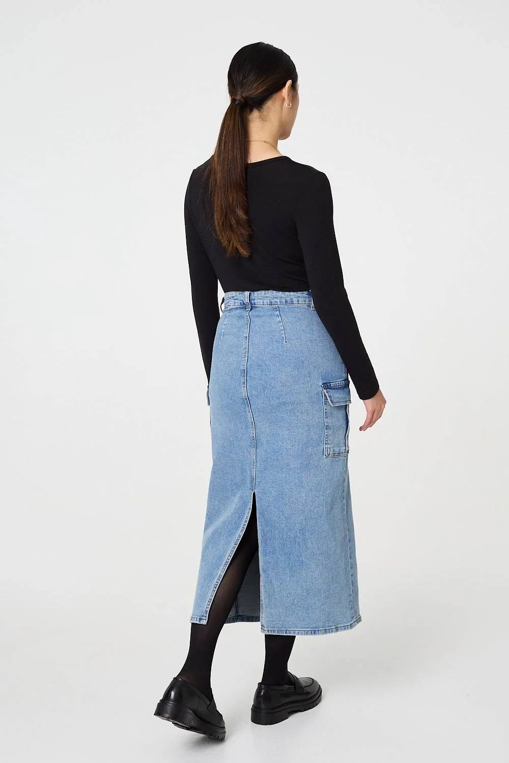 Denim High Waist Midi Cargo Skirt