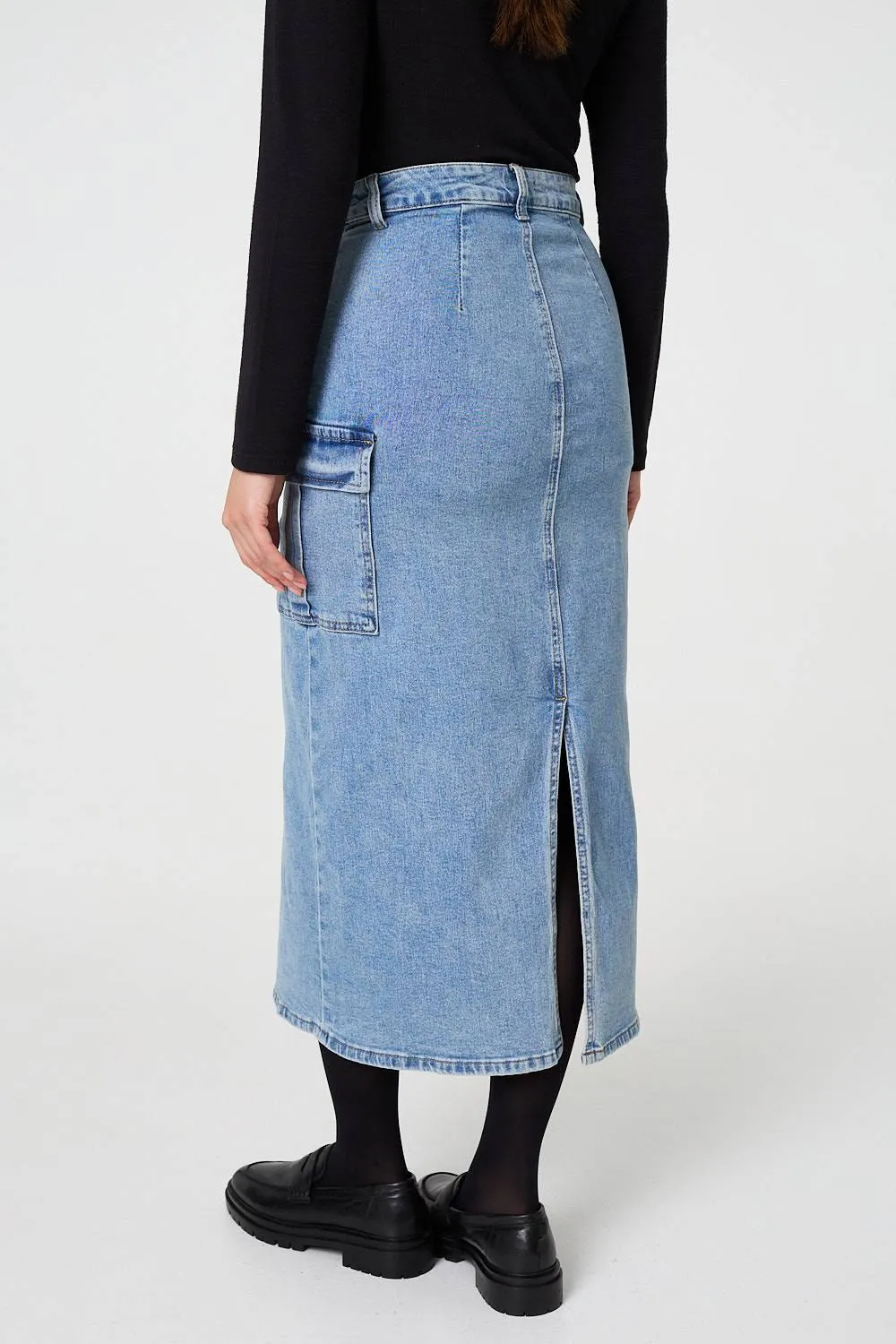 Denim High Waist Midi Cargo Skirt