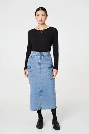 Denim High Waist Midi Cargo Skirt