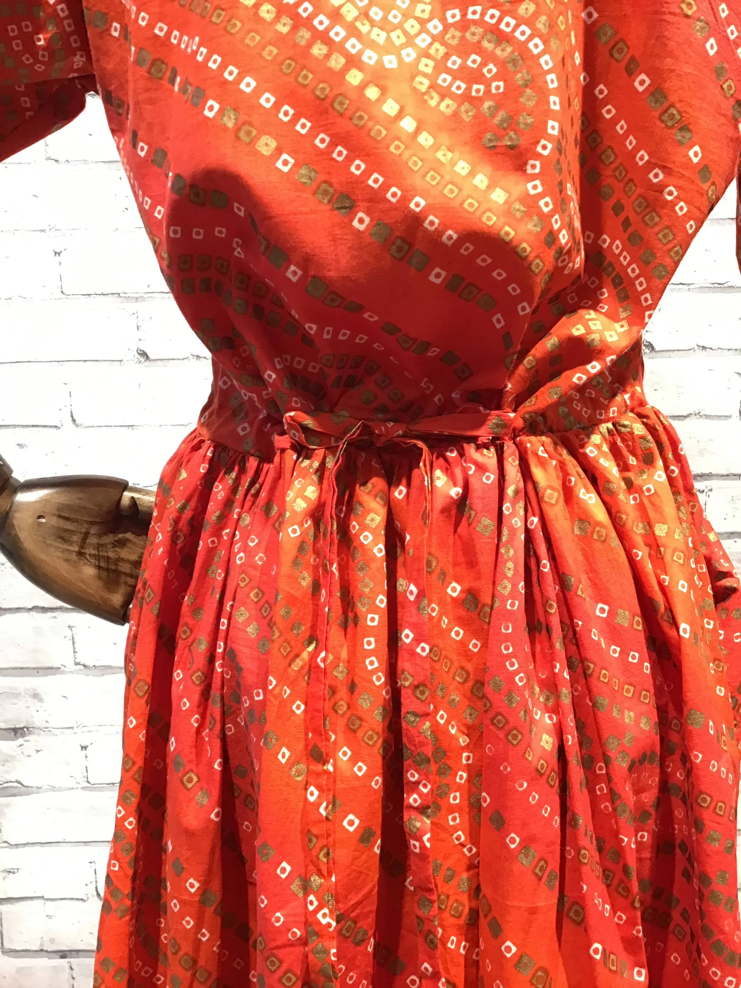 Drawstring Dress in red and gold Pattern