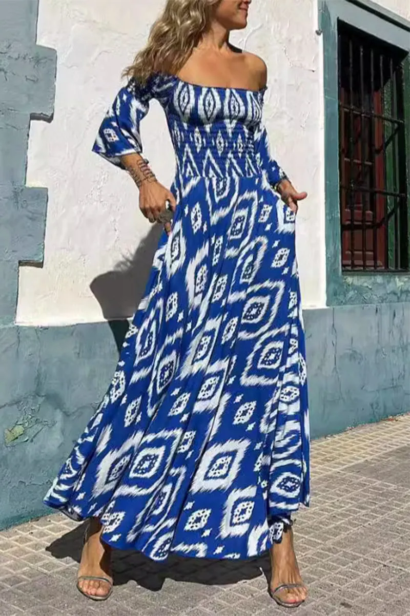 Elegant Geometric Print Off the Shoulder A Line Dresses