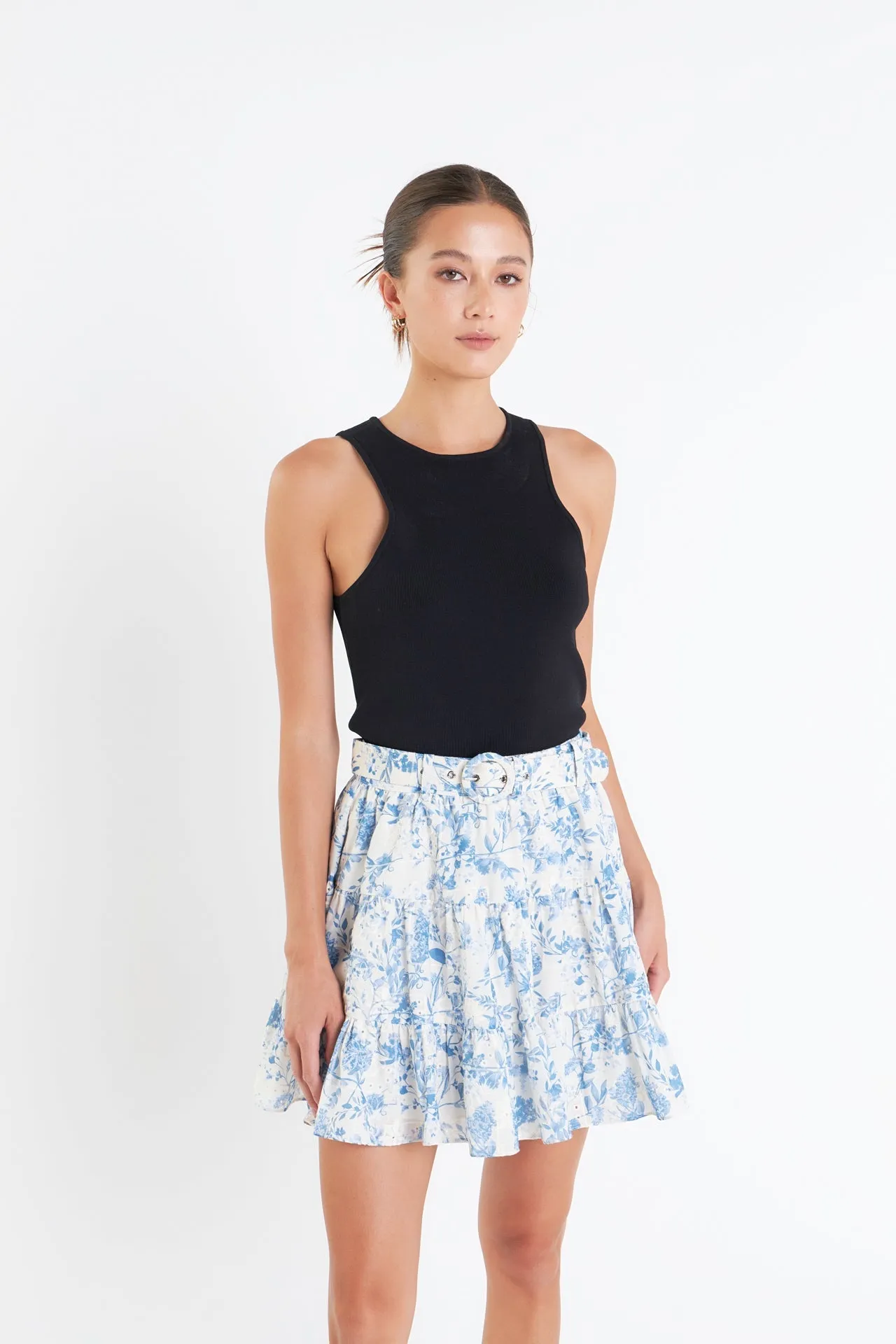 English Factory - Digital Print Belted Tiered Mini Skirt