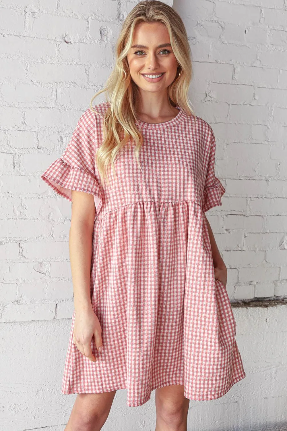 FINAL SALE - Rose Shepherd Check Ruffle Sleeve Babydoll Dress