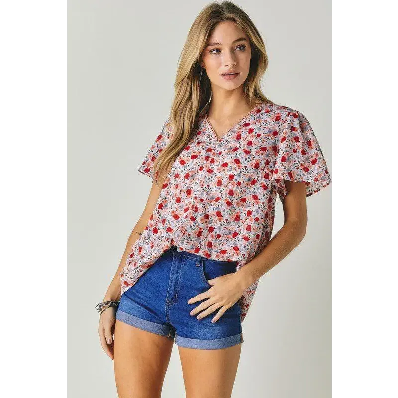 FLORAL PRINTED V NECK SHORT SLEEVE TOP