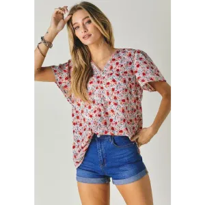 FLORAL PRINTED V NECK SHORT SLEEVE TOP